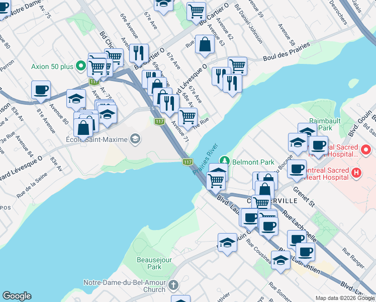 map of restaurants, bars, coffee shops, grocery stores, and more near 1 71e Av in Laval