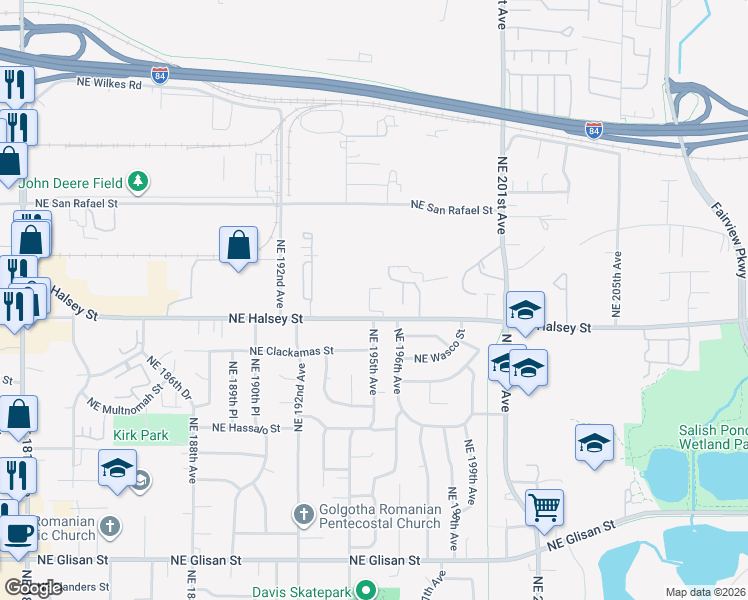 map of restaurants, bars, coffee shops, grocery stores, and more near 19511 Northeast Halsey Street in Portland