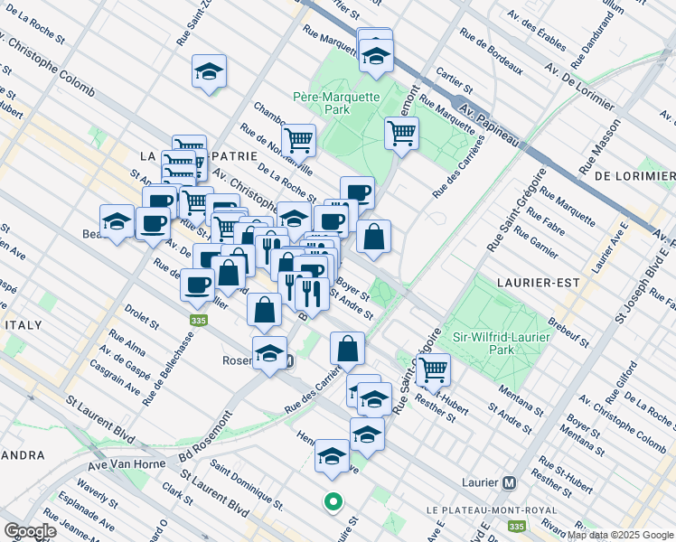 map of restaurants, bars, coffee shops, grocery stores, and more near 1000 Boulevard Rosemont in Montréal