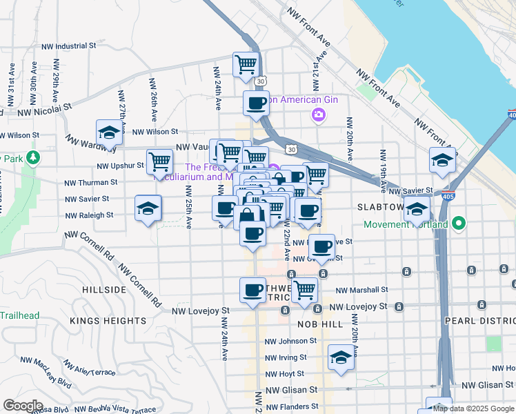 map of restaurants, bars, coffee shops, grocery stores, and more near 2275 Northwest Raleigh Street in Portland