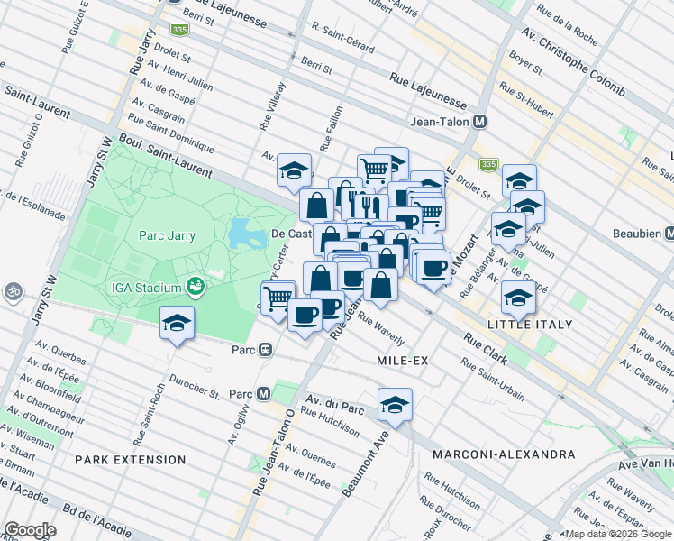 map of restaurants, bars, coffee shops, grocery stores, and more near 7275 Rue Saint-Urbain in Montréal