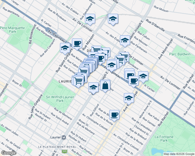 map of restaurants, bars, coffee shops, grocery stores, and more near 5027 Rue Fabre in Montréal