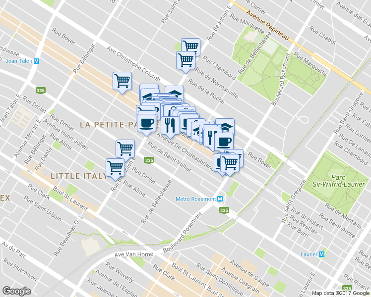 map of restaurants, bars, coffee shops, grocery stores, and more near 6213 Avenue De Chateaubriand in Montréal