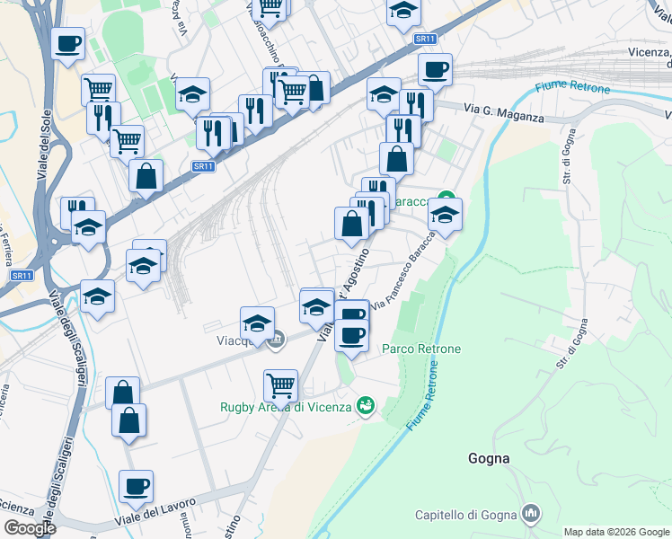 map of restaurants, bars, coffee shops, grocery stores, and more near Via Papa Achille in Vicenza