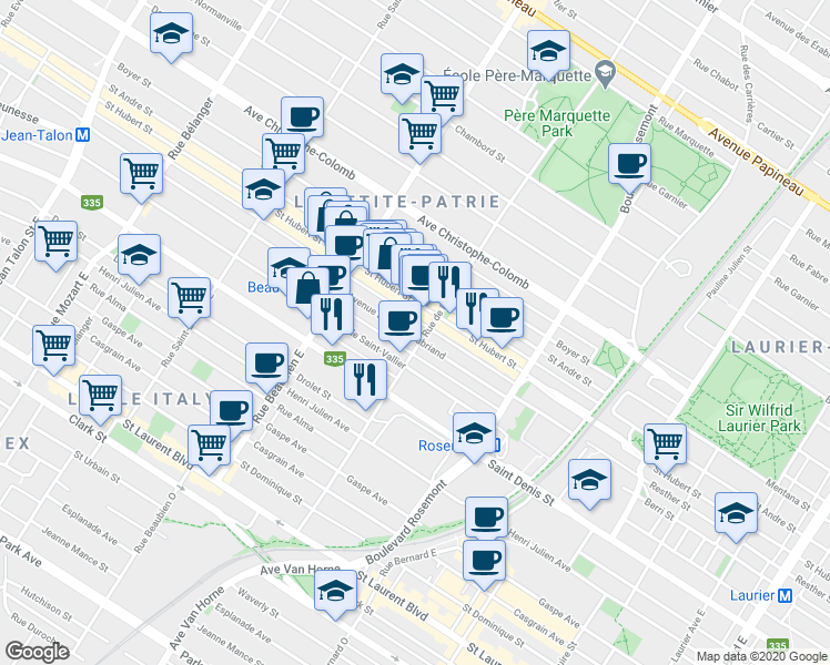 map of restaurants, bars, coffee shops, grocery stores, and more near 6215 Avenue De Chateaubriand in Montréal