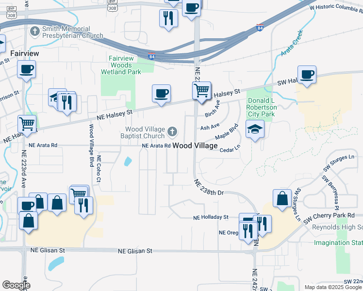 map of restaurants, bars, coffee shops, grocery stores, and more near 23131 West Arata Road in Wood Village
