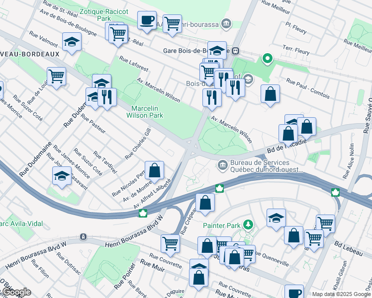 map of restaurants, bars, coffee shops, grocery stores, and more near 2011 Boulevard de l'Acadie in Montréal