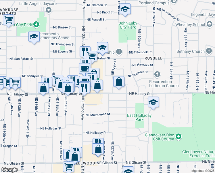 map of restaurants, bars, coffee shops, grocery stores, and more near 12505 Northeast Halsey Street in Portland