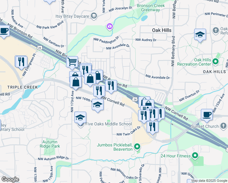 map of restaurants, bars, coffee shops, grocery stores, and more near 1975 Northwest 167th Place in Beaverton