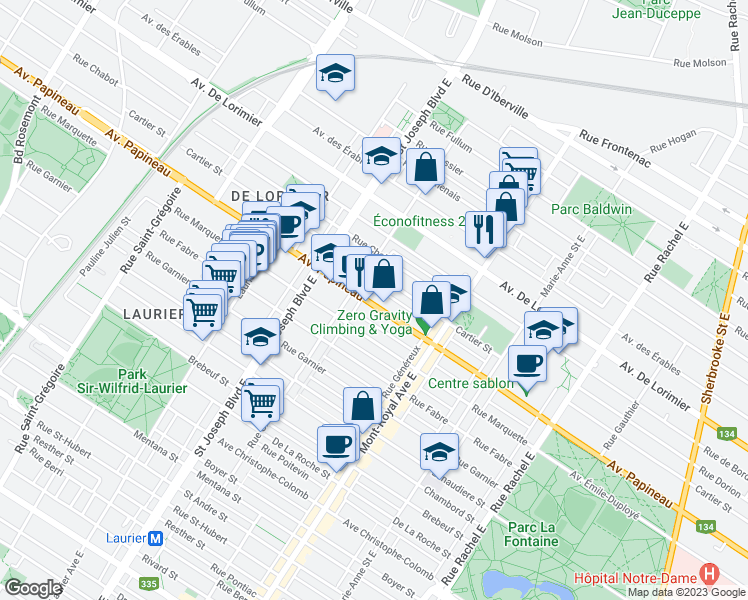 map of restaurants, bars, coffee shops, grocery stores, and more near 4723 Avenue Papineau in Montréal