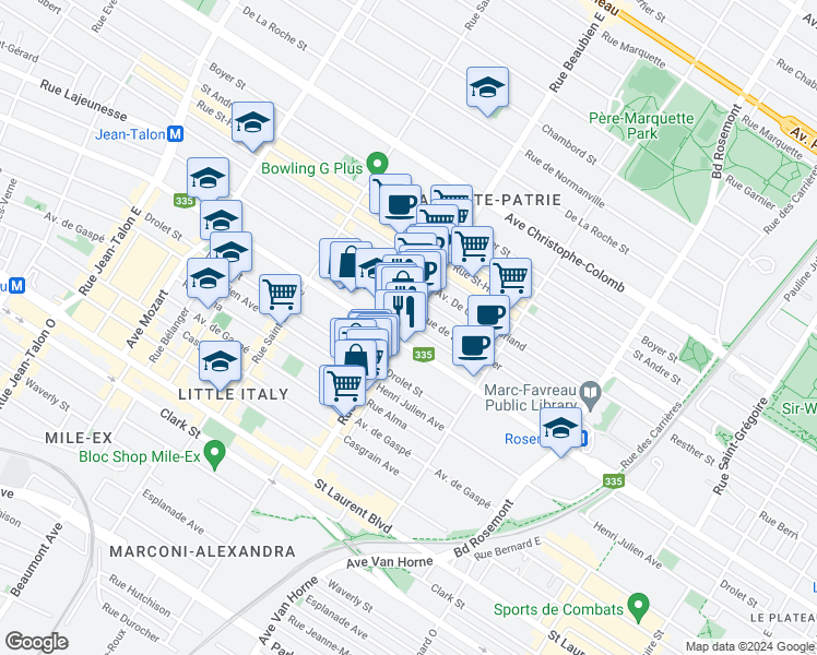 map of restaurants, bars, coffee shops, grocery stores, and more near 418 Rue Beaubien Est in Montréal