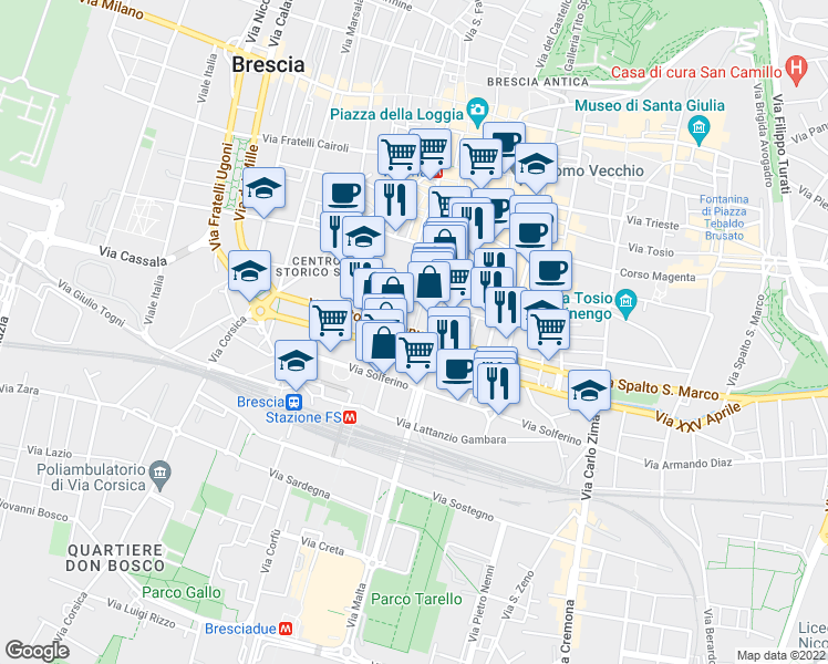 map of restaurants, bars, coffee shops, grocery stores, and more near in Brescia