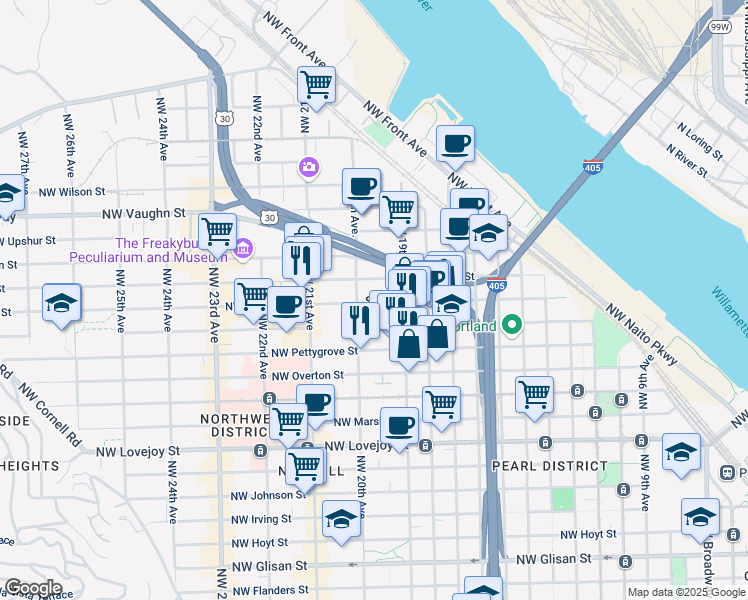 map of restaurants, bars, coffee shops, grocery stores, and more near 1958 Northwest Raleigh Street in Portland