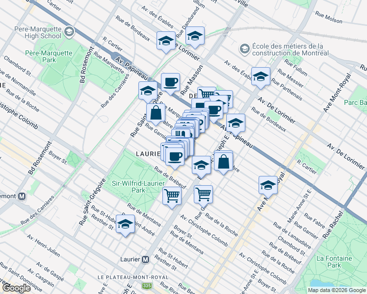 map of restaurants, bars, coffee shops, grocery stores, and more near 5111 Rue Garnier in Montréal