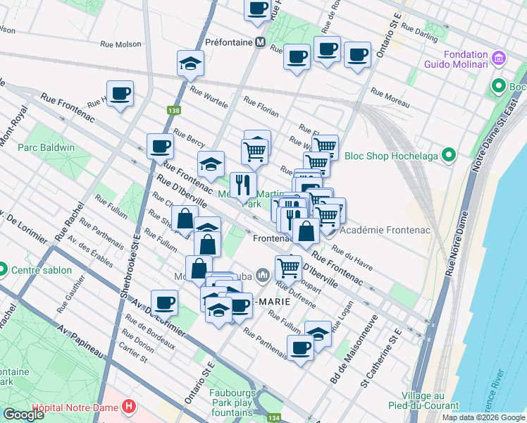 map of restaurants, bars, coffee shops, grocery stores, and more near 2142 Rue du Havre in Montréal