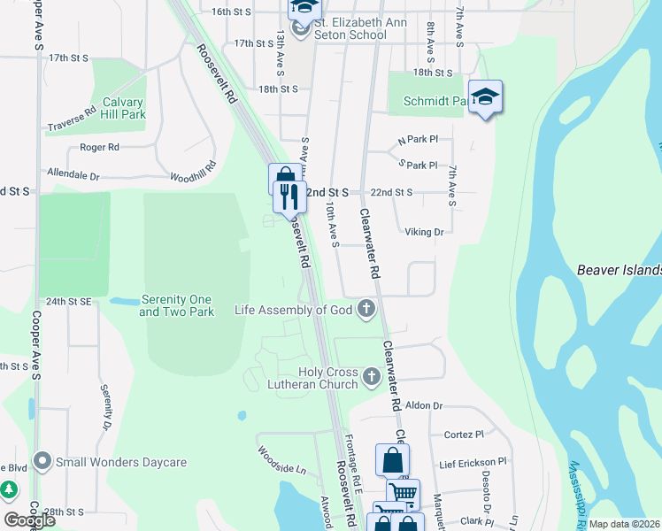 map of restaurants, bars, coffee shops, grocery stores, and more near 2311 10th Avenue South in St. Cloud