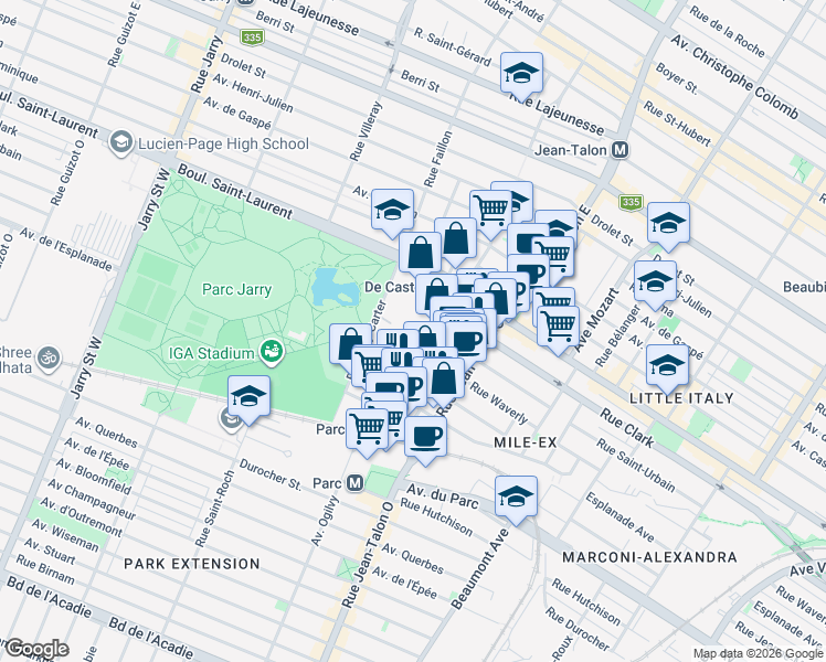 map of restaurants, bars, coffee shops, grocery stores, and more near 75 Rue de Castelnau Ouest in Montréal