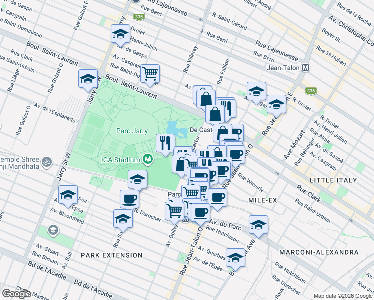 map of restaurants, bars, coffee shops, grocery stores, and more near 253 Rue Gary-Carter in Montreal