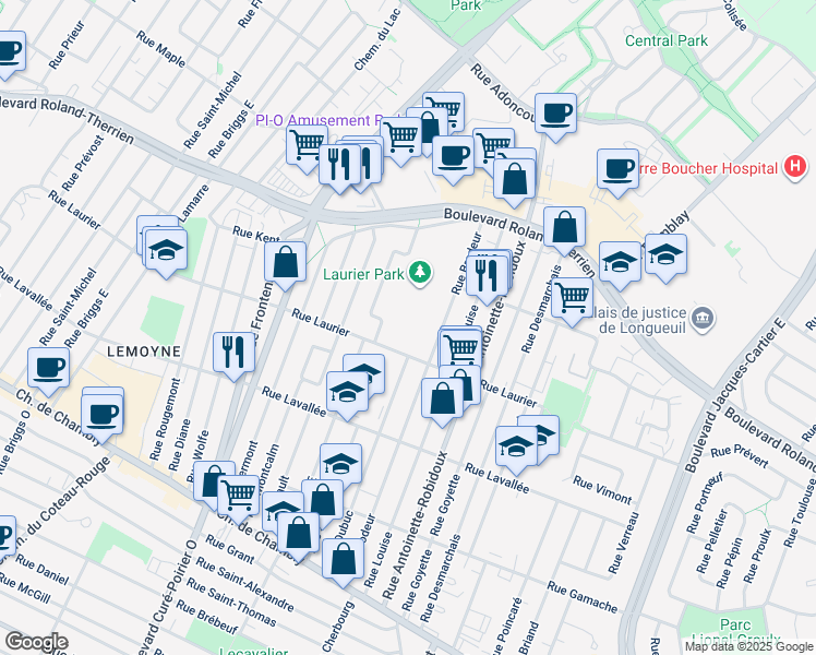 map of restaurants, bars, coffee shops, grocery stores, and more near 2095 Rue Laurier in Longueuil