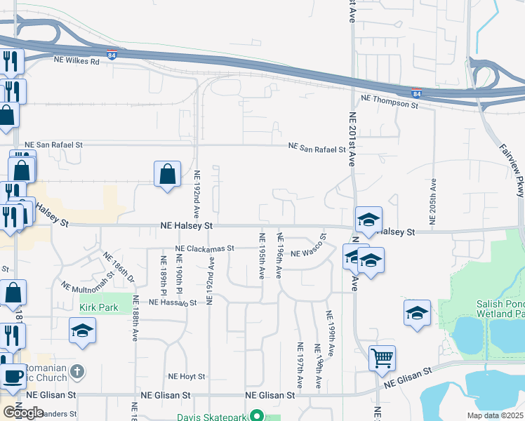 map of restaurants, bars, coffee shops, grocery stores, and more near 19511 Northeast Halsey Street in Portland