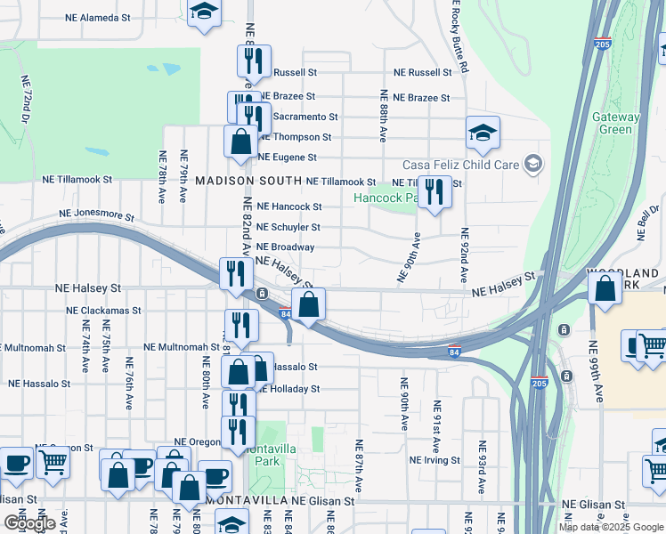 map of restaurants, bars, coffee shops, grocery stores, and more near 8502 Northeast Weidler Street in Portland