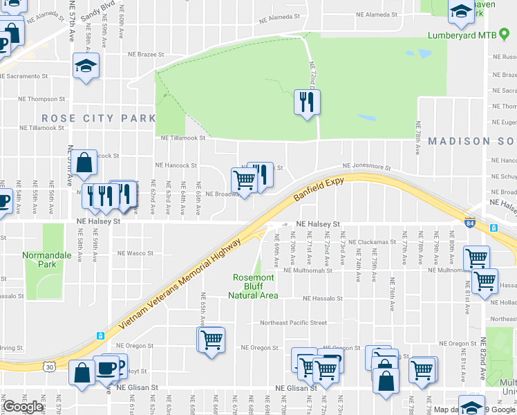 map of restaurants, bars, coffee shops, grocery stores, and more near 1512 Northeast 67th Avenue in Portland