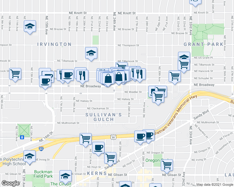 map of restaurants, bars, coffee shops, grocery stores, and more near 1525 Northeast 24th Avenue in Portland