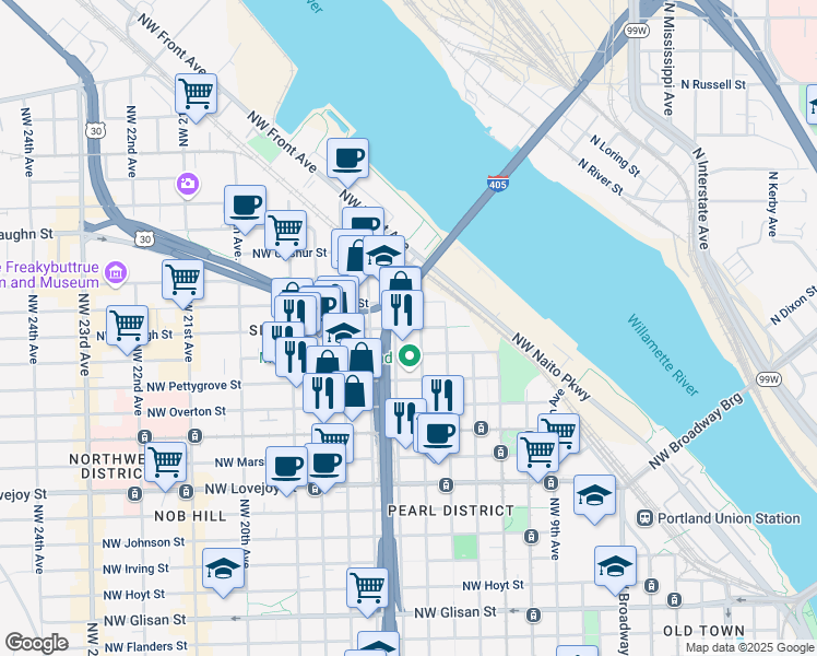 map of restaurants, bars, coffee shops, grocery stores, and more near 1450 Northwest Raleigh Street in Portland