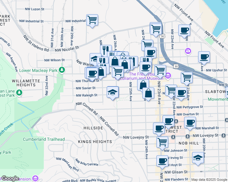 map of restaurants, bars, coffee shops, grocery stores, and more near 2577 Northwest Raleigh Street in Portland