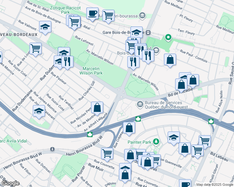 map of restaurants, bars, coffee shops, grocery stores, and more near 2011 Boulevard de l'Acadie in Montréal