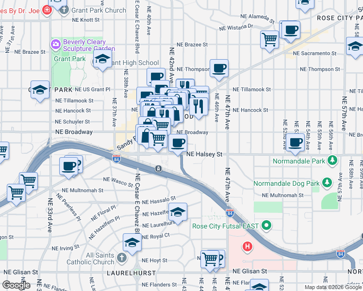 map of restaurants, bars, coffee shops, grocery stores, and more near 4265 Northeast Halsey Street in Portland