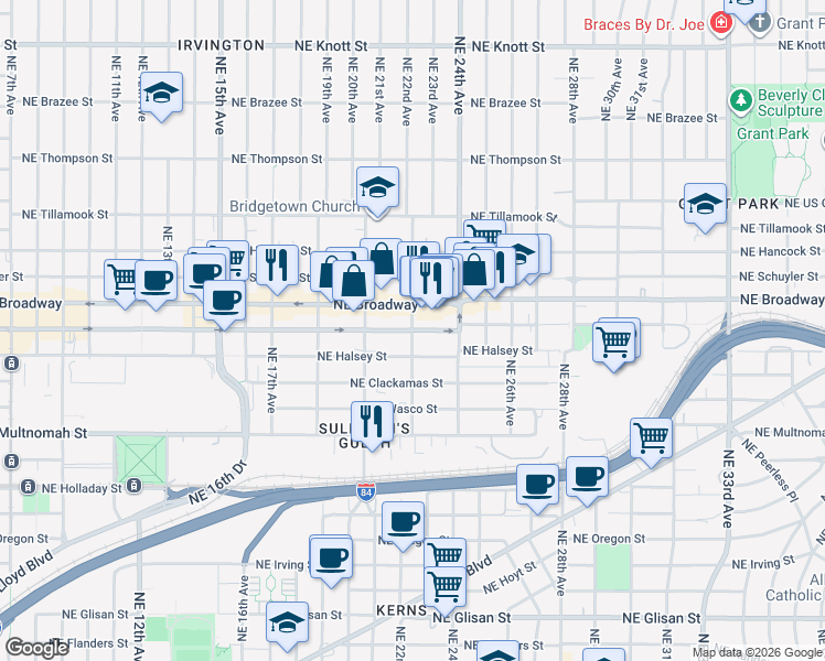 map of restaurants, bars, coffee shops, grocery stores, and more near Northeast Weidler Street in Portland