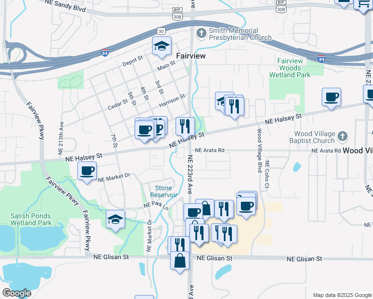 map of restaurants, bars, coffee shops, grocery stores, and more near 22204 Northeast Barr Road in Fairview