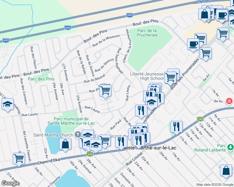 map of restaurants, bars, coffee shops, grocery stores, and more near 3027 Rue du Bel-Air in Sainte-Marthe-sur-le-Lac