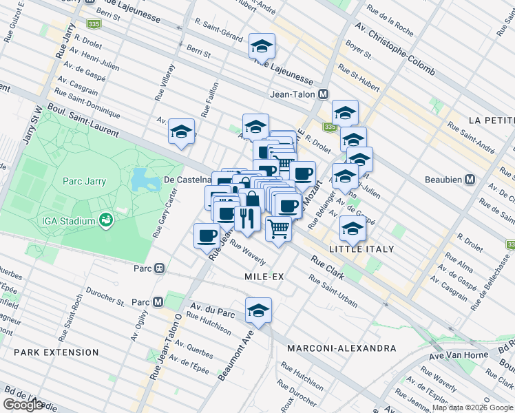 map of restaurants, bars, coffee shops, grocery stores, and more near 7160 Boulevard Saint-Laurent in Montréal
