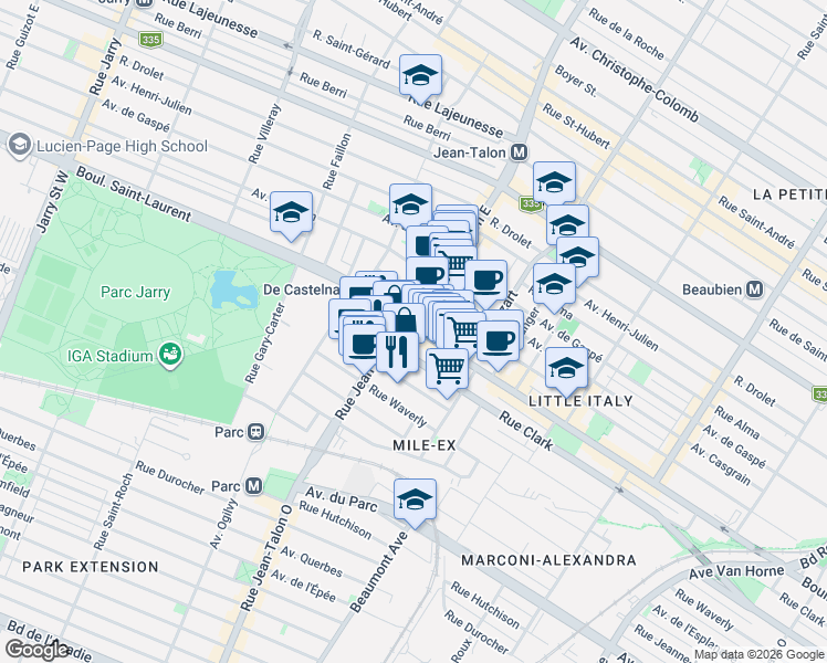 map of restaurants, bars, coffee shops, grocery stores, and more near 7160 Boulevard Saint-Laurent in Montréal