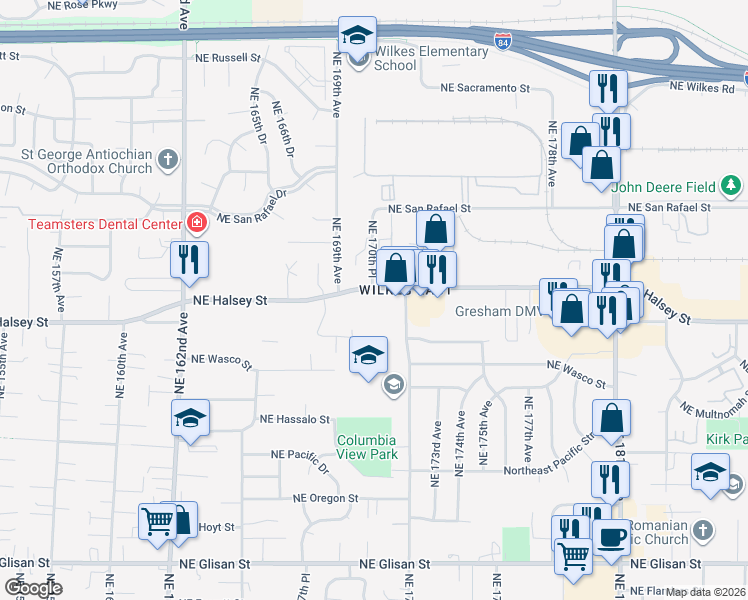 map of restaurants, bars, coffee shops, grocery stores, and more near in Gresham