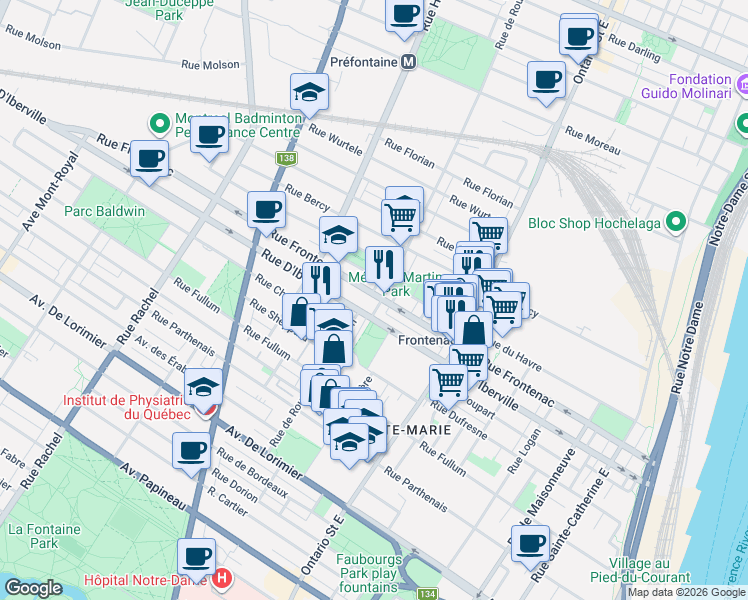 map of restaurants, bars, coffee shops, grocery stores, and more near 2541 Rue de Rouen in Montréal