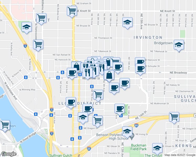 map of restaurants, bars, coffee shops, grocery stores, and more near NE Weidler St & NE 8th Ave in Portland