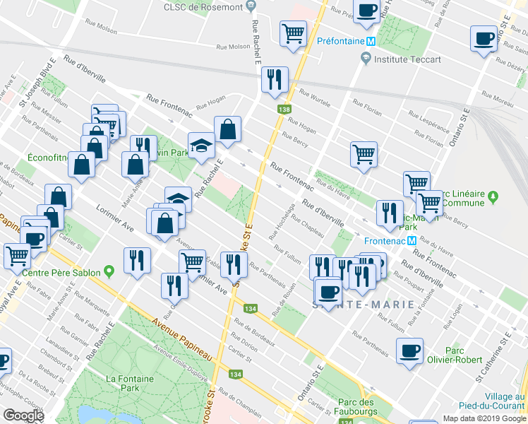 map of restaurants, bars, coffee shops, grocery stores, and more near 2573 Rue Sheppard in Montréal