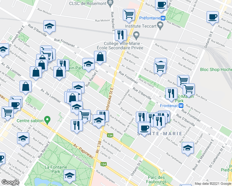 map of restaurants, bars, coffee shops, grocery stores, and more near 2573 Rue Sheppard in Montréal