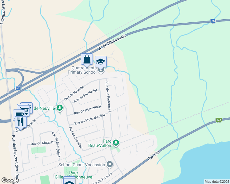map of restaurants, bars, coffee shops, grocery stores, and more near 162 Rue du Petit-Village in Gatineau