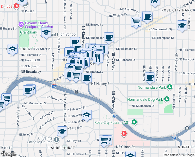 map of restaurants, bars, coffee shops, grocery stores, and more near 4353 Northeast Halsey Street in Portland