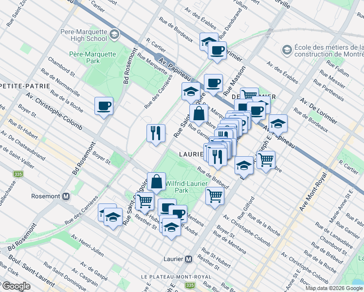map of restaurants, bars, coffee shops, grocery stores, and more near 5336 Rue Chambord in Montréal