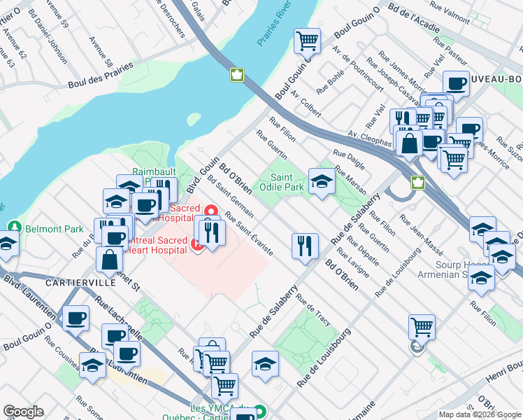 map of restaurants, bars, coffee shops, grocery stores, and more near 12166 Boulevard O'Brien in Montréal