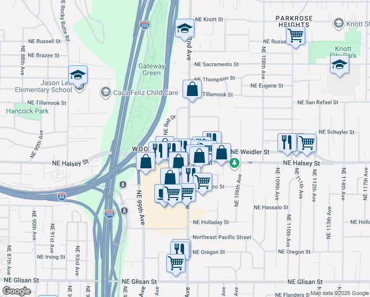 map of restaurants, bars, coffee shops, grocery stores, and more near 1611 Northeast 102nd Avenue in Portland