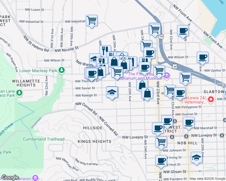 map of restaurants, bars, coffee shops, grocery stores, and more near 2577 Northwest Raleigh Street in Portland