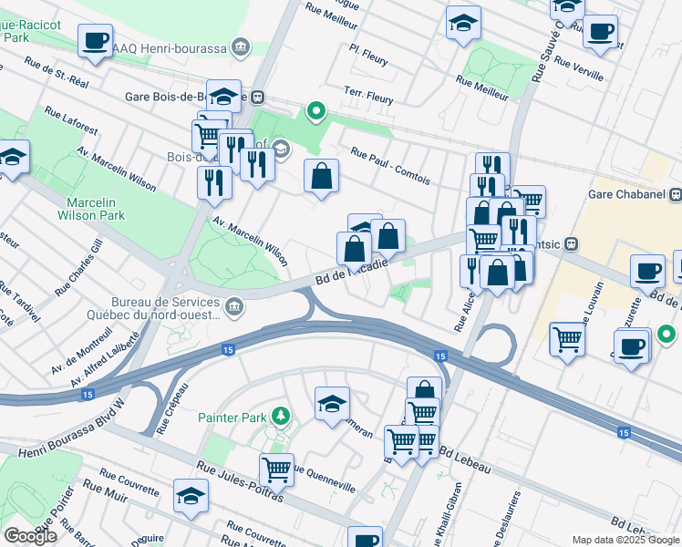 map of restaurants, bars, coffee shops, grocery stores, and more near 10150 Boulevard de l'Acadie in Montréal