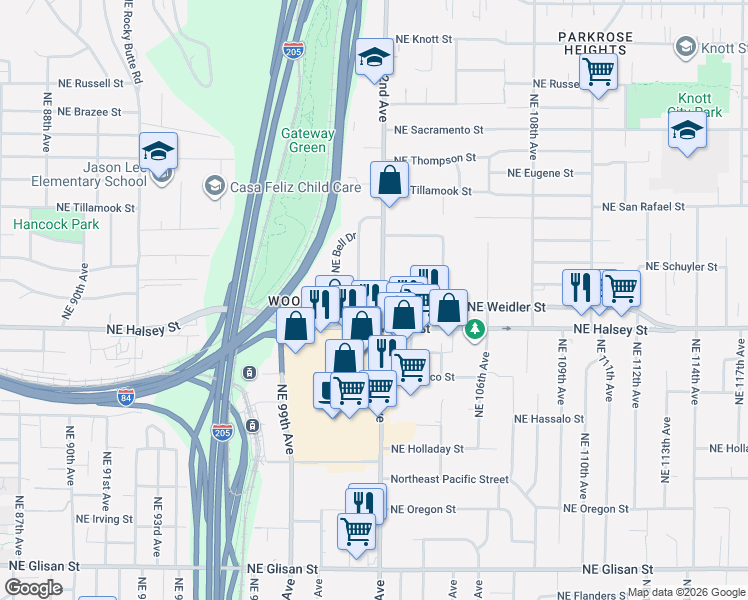 map of restaurants, bars, coffee shops, grocery stores, and more near 1611 Northeast 102nd Avenue in Portland