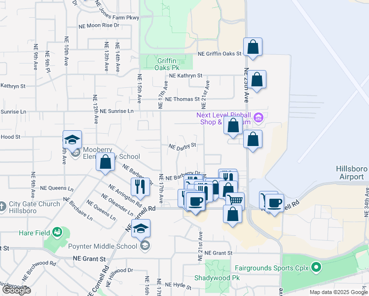 map of restaurants, bars, coffee shops, grocery stores, and more near 1950 NE Darby St in Hillsboro